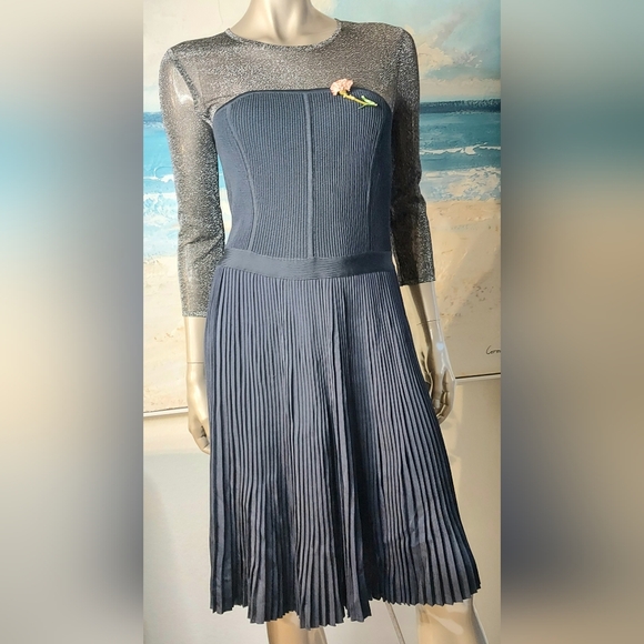 °$3,400 OSCAR DE LA RENTA PICASSO BLUE KNIT METALLIC SILVER TOP RUNWAY DRESS L - Picture 4 of 11